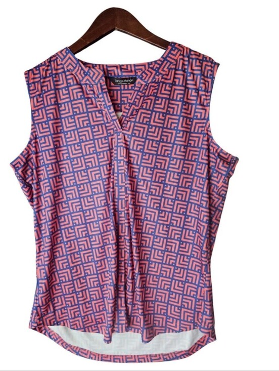 Tango Mango Tops - Tango Mango brand sleeveless blouse features a bold geometric print orange blue
